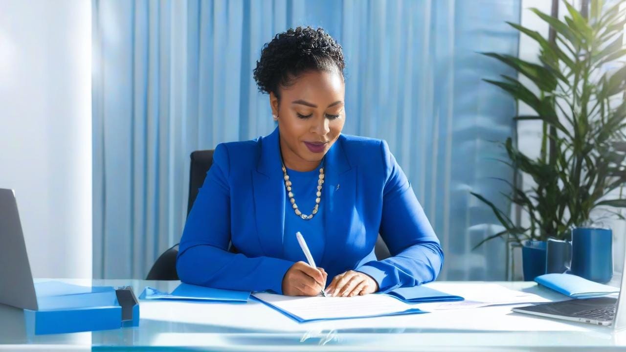 Black Woman with bright dark blue color wearing life Coaching sitting sitting in o different office with water on the table with writing a letter with the sun shining