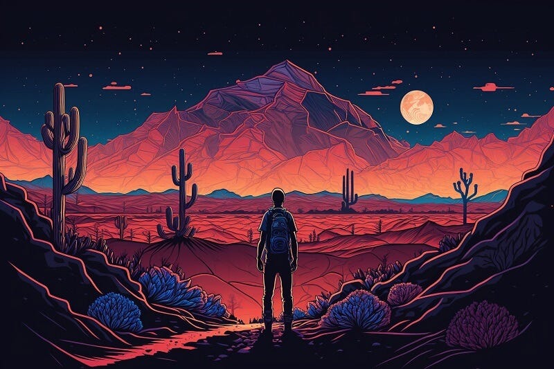 Image of a man standing in front of a vast dessert with cactuses and mountains. Red tint. By Midjourney.