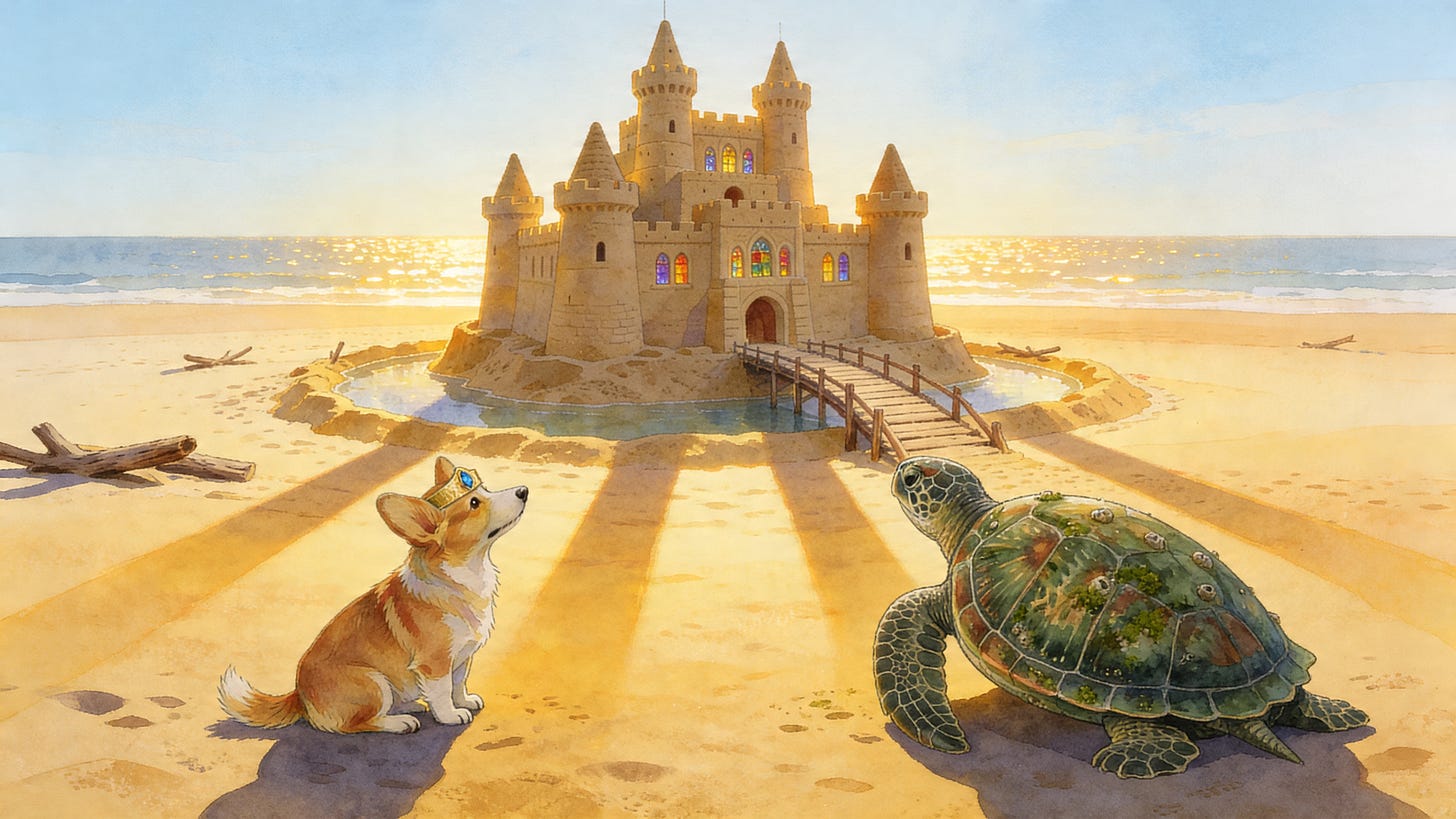 Prince Freddie meets Horatio the hermit crab beside the morning sandcastle in this Spanish-coast sleep story.