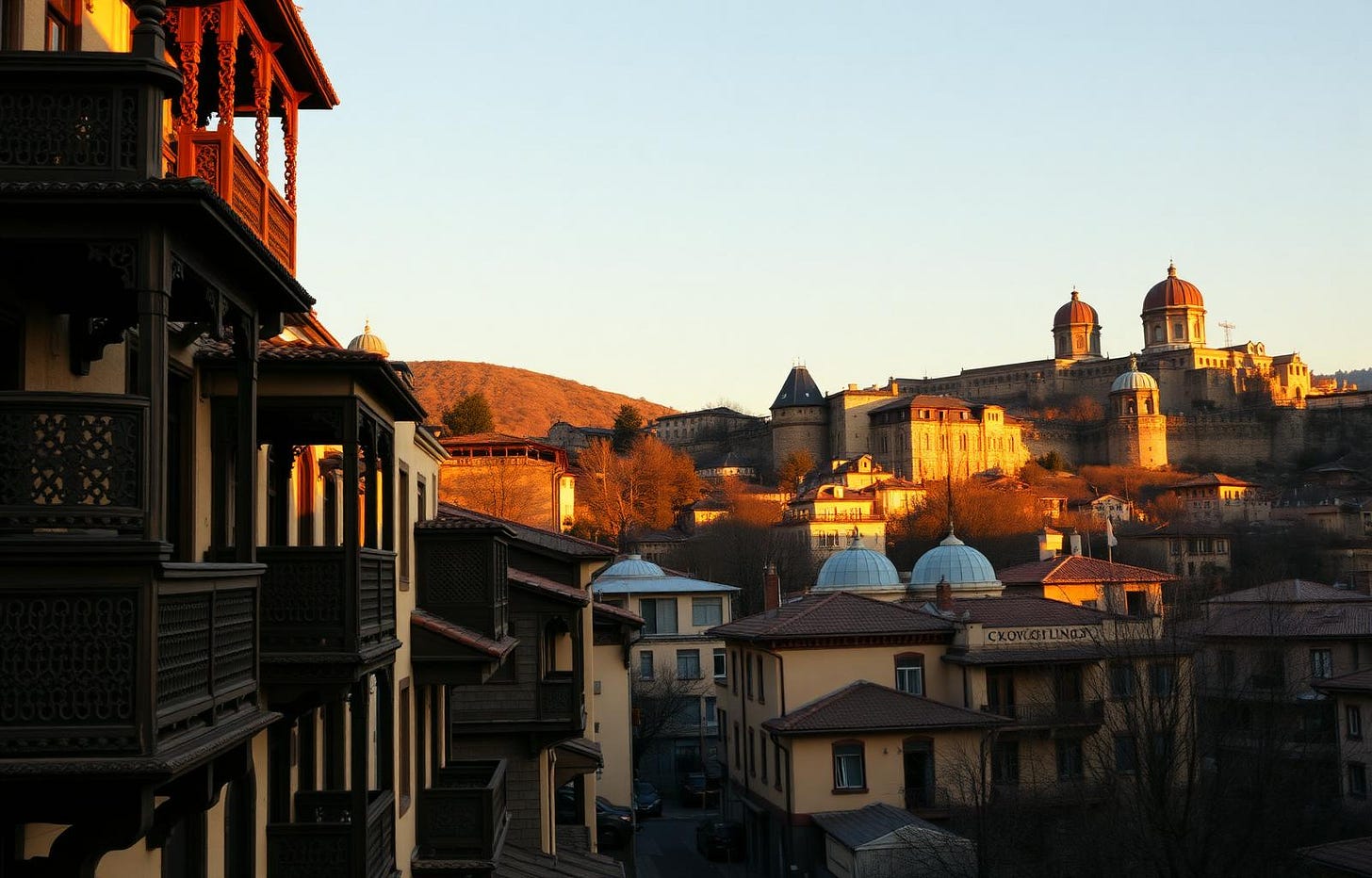Tbilisi old town with carved wooden balconies and the Narikala fortress at golden hour