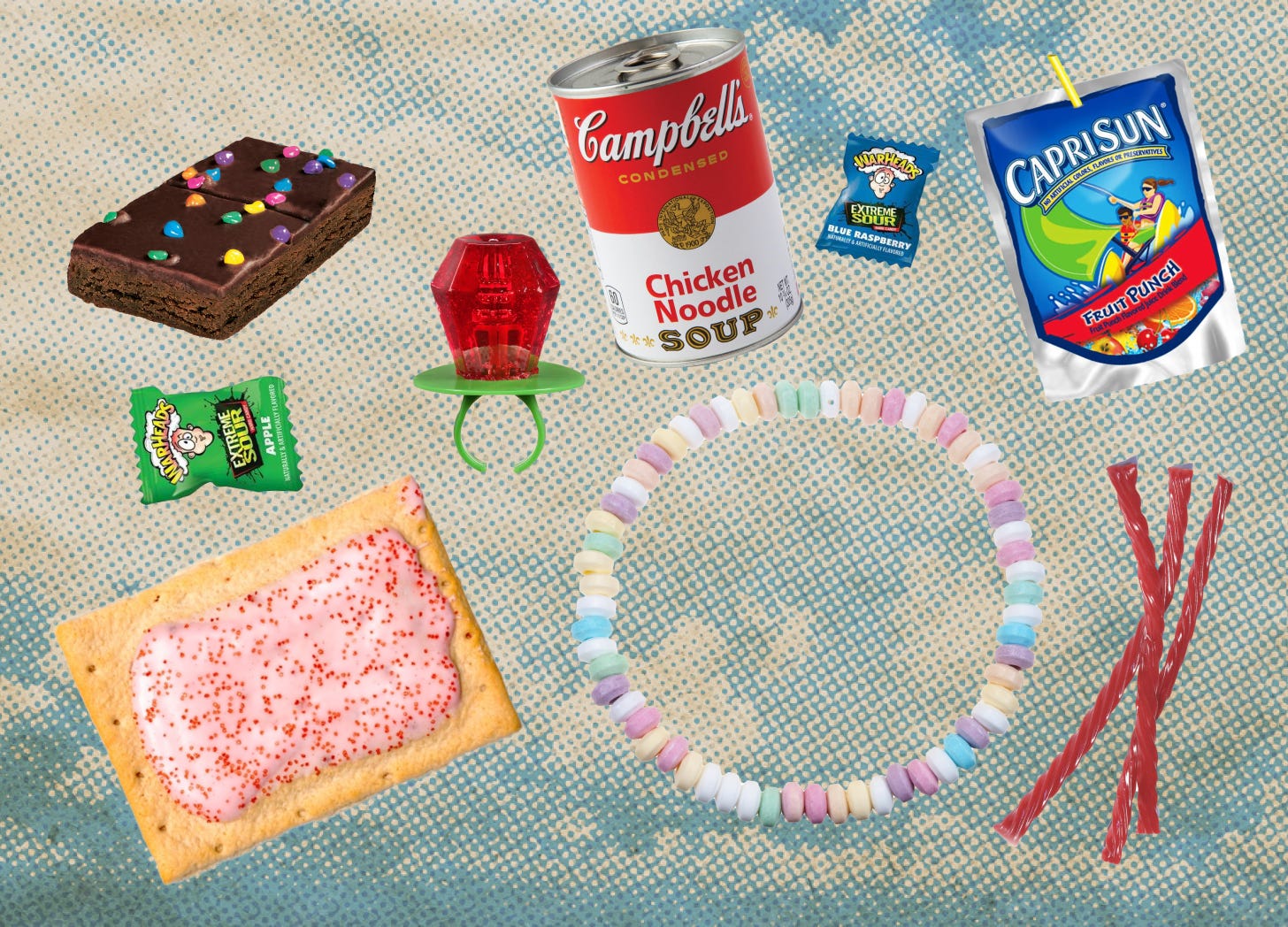 A collage style image featuring cutout photographs of childhood snacks like a pop tart, ring pop, and a capri sun