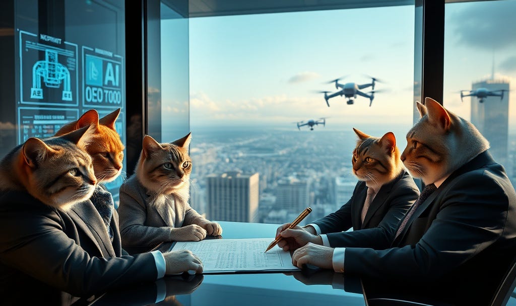 Image: Inside a towering glass skyscraper, feline tech executives — sleek, confident cats in tailored suits — sit before glowing screens showing AI blueprints, neural networks, and debt figures spiraling upward.