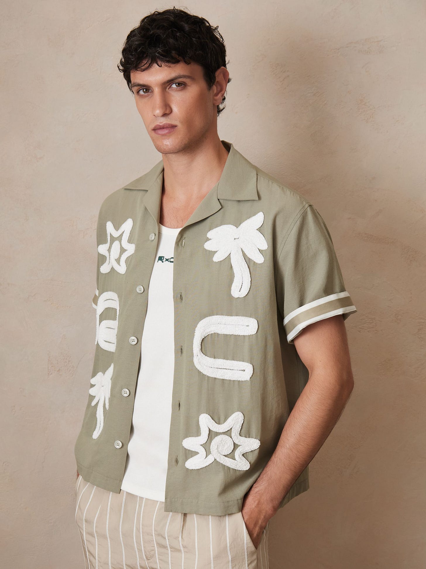 Reiss | Ché Motif-Embroidered Shirt in Sage/White - Image 3 of 9