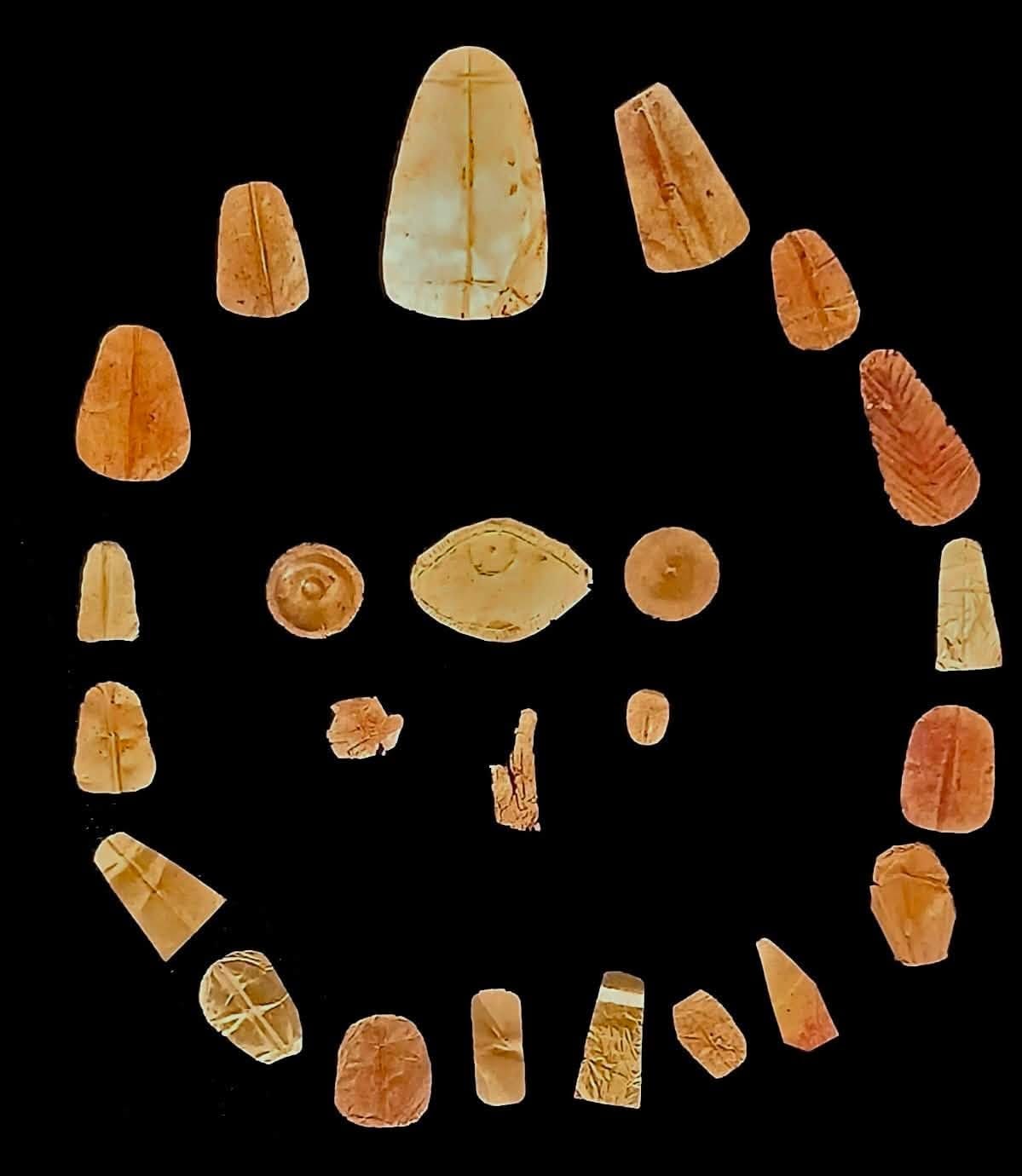 Gold tongue amulets from Marina El Alamein, laid out together after their recovery from the burials.