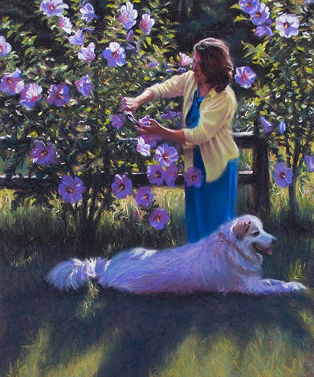 In the Summer Garden by John Hulsey Pastel Painting of Woman with Great Pyrenees in Garden