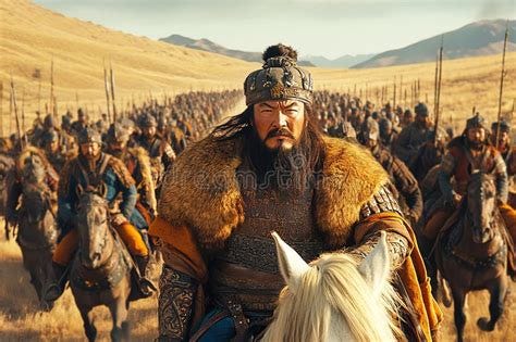 Genghis Khan Leading the Mongolian Army Across the Vast Steppe in the ...