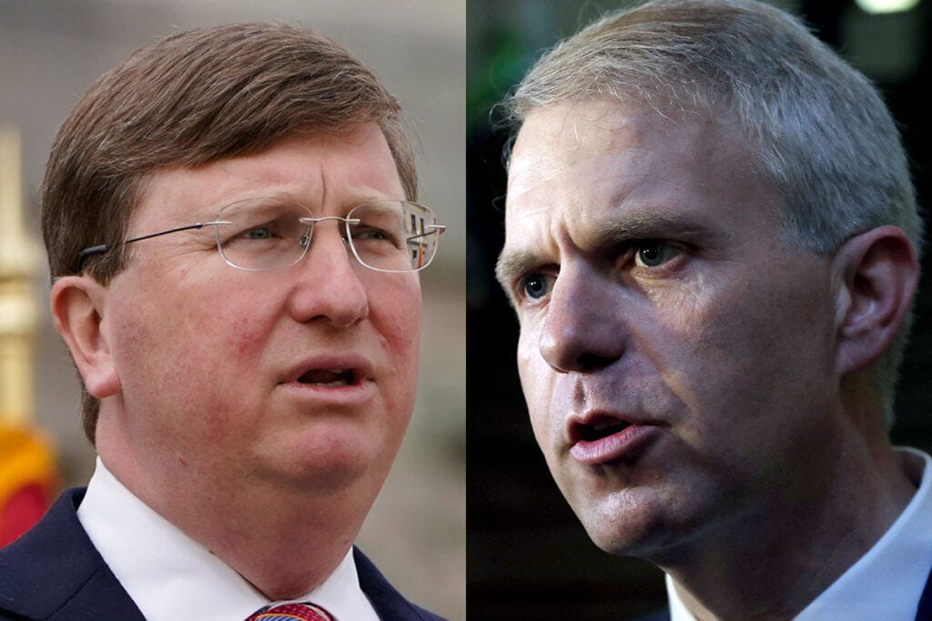 Tate Reeves and Bradon Presley, split screen facing each other Tate Reeves and Bradon Presley, split screen facing each other