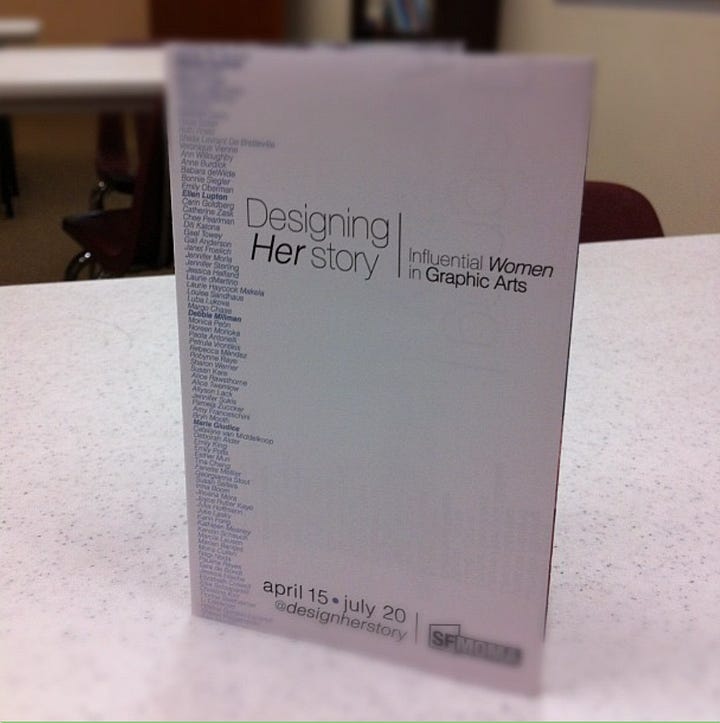 Front image of a brocure with names of women in design, pics of designers work, bios and pics of four influential women in design, back of brochure with information