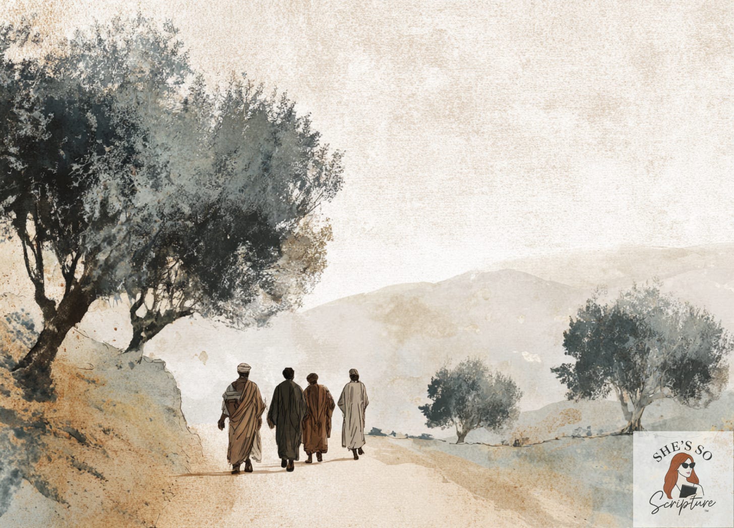 A watercolor style illustration of a first century Jewish Rabbi walking along a dusty road with four disciples following behind him. They move through a quiet Judean landscape with rolling hills and scattered olive trees, evoking the daily apprenticeship and close companionship of early discipleship. A watercolor style illustration of a first century Jewish Rabbi walking along a dusty road with four disciples following behind him. They move through a quiet Judean landscape with rolling hills and scattered olive trees, evoking the daily apprenticeship and close companionship of early discipleship.