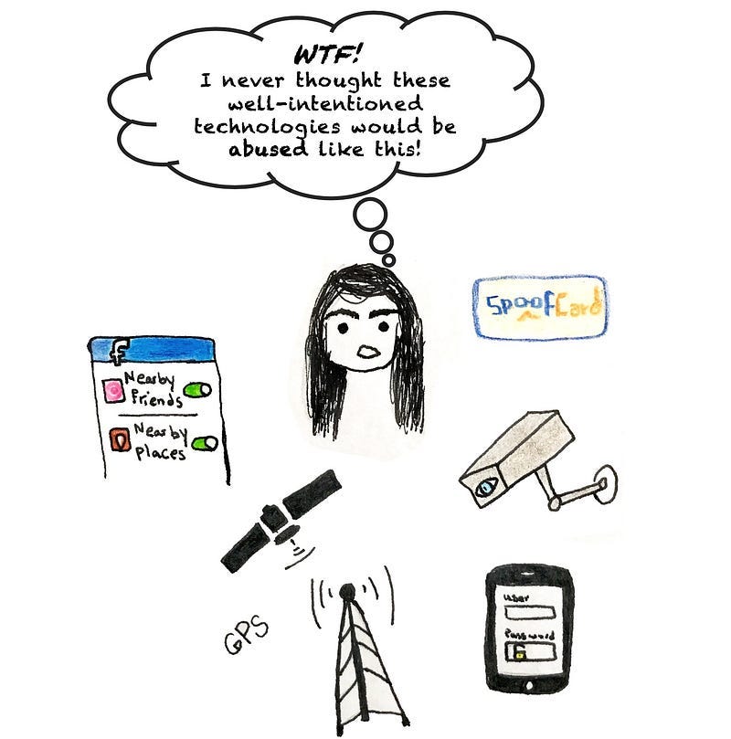 Roya thinking about the unintended consequences of technology: GPS-enabled apps, CCTV, hacking and stalkware