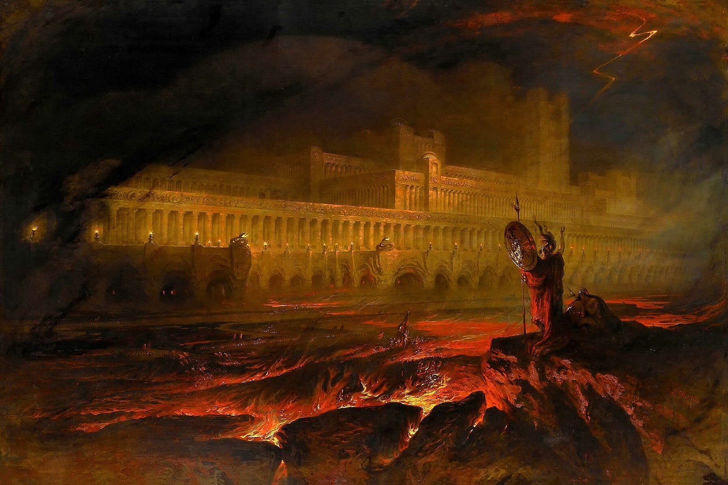 John Martin, Pandemonium, 1841. A vast lit palace stretches along a river of lava, with a red robed figure standing on a rock in the foreground. John Martin, Pandemonium, 1841. A vast lit palace stretches along a river of lava, with a red robed figure standing on a rock in the foreground.