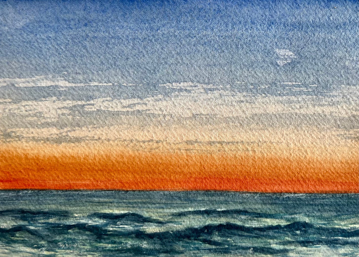 A watercolour painting of a sunrise over an ocean