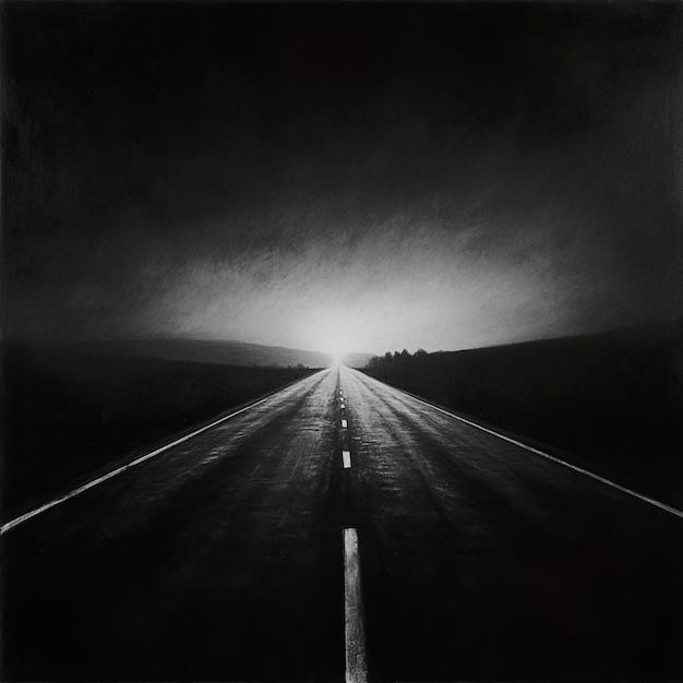 A photo of a lonely highway on a foggy night | Premium AI-generated image