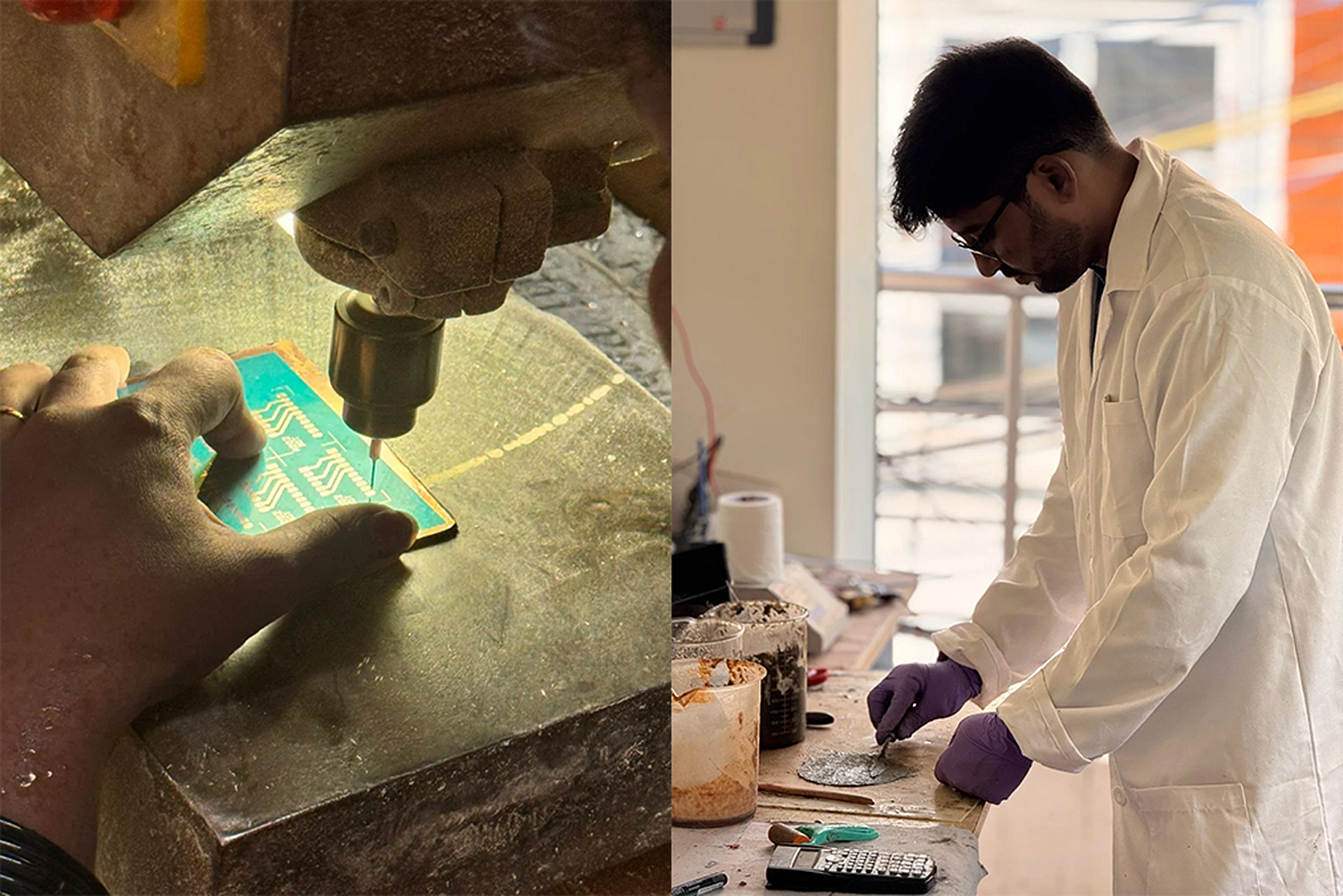 A collage of two images. To the left: a hand guides a printed circuit board during the etching process. To the right: a man in a lab coat works at a workbench, illustrating the development of green electronics.