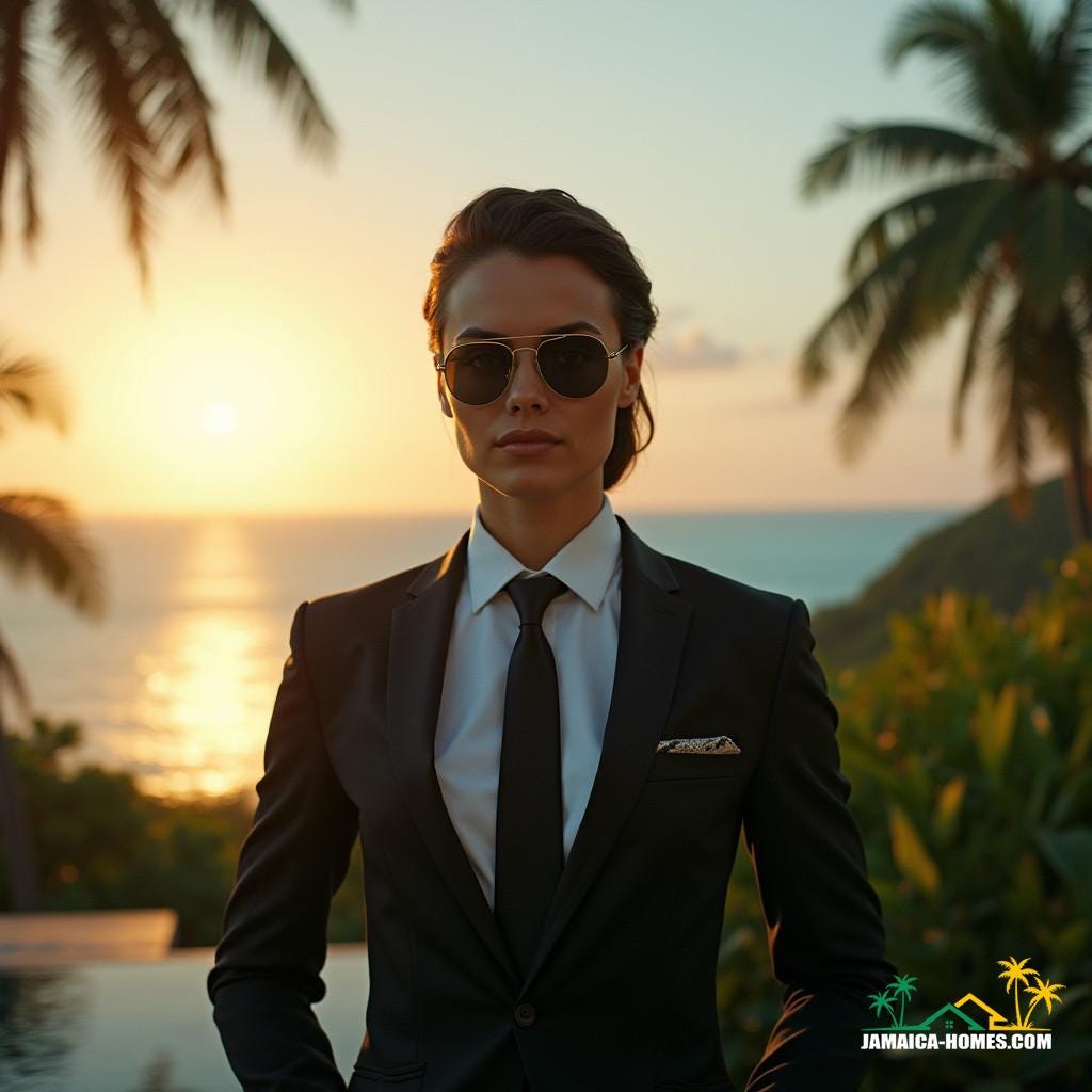 A suave and confident universal agent, dressed in a tailored suit and sunglasses, stands confidently in front of a stunning Jamaican real estate property, with a breathtaking ocean view behind her. The warm Caribbean sun casts a golden glow on her face, accentuating her determined expression.