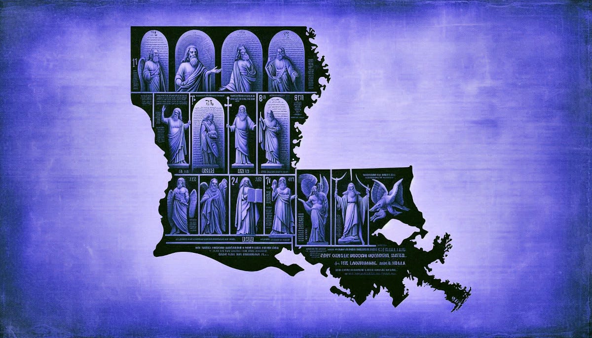 Outlike of Lousiana with images of stone tablets