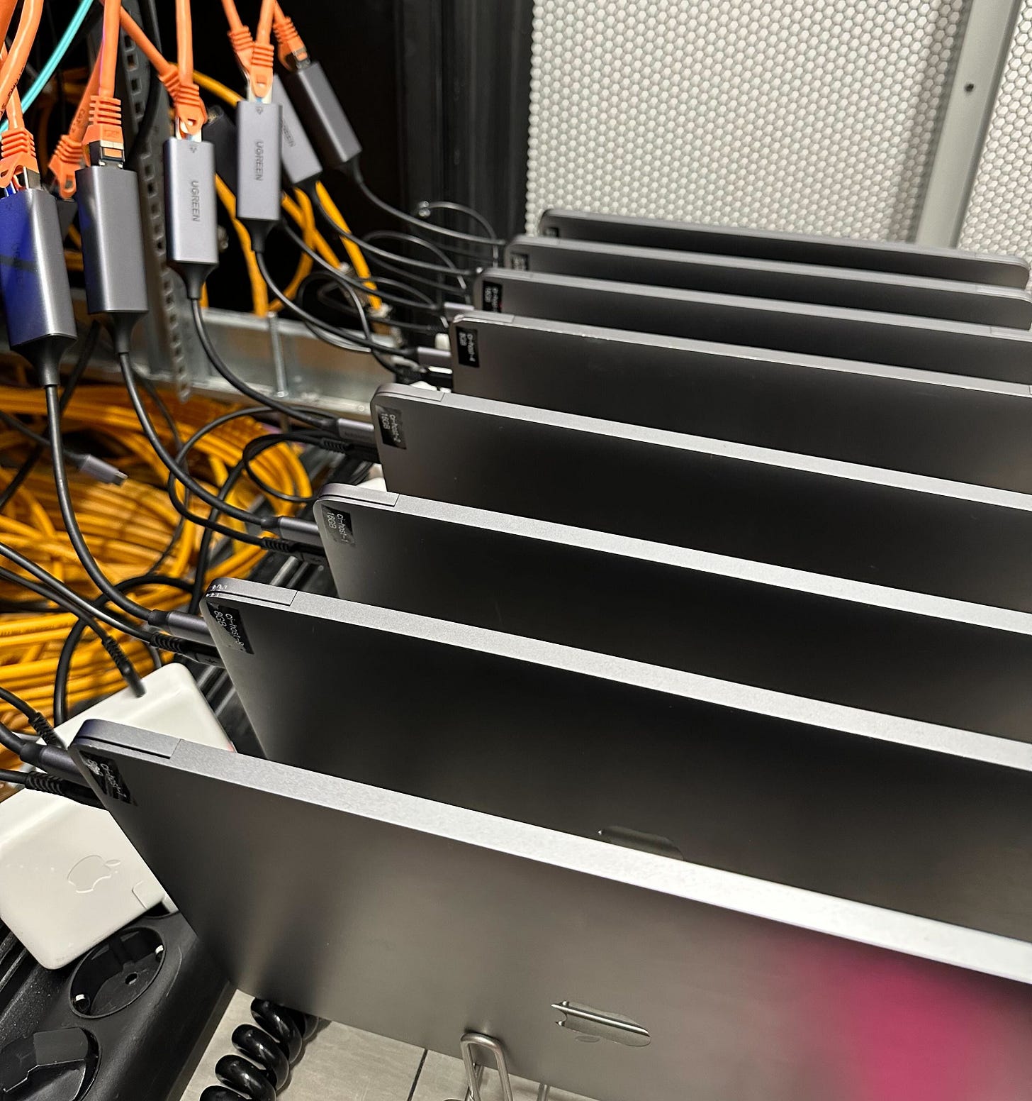 Test Setup using 8 M1 Macbook Pro devices. Many of them were marked as broken as they had display and keyboard issues.