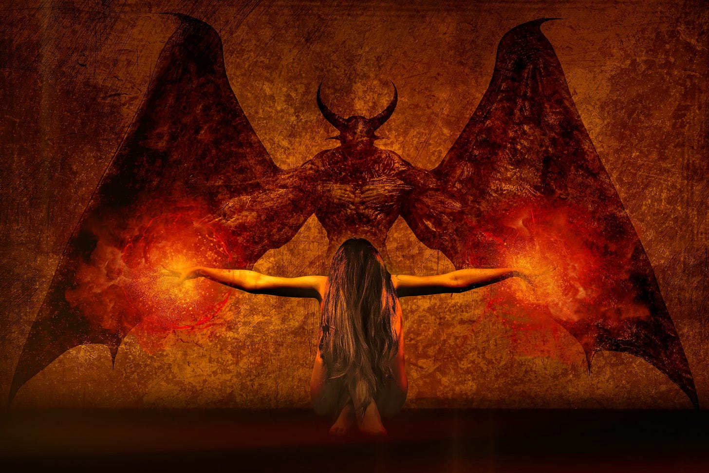 A woman kneeling in front of a demon with her arms out stretched, and her hands wreathed in red-orange light.