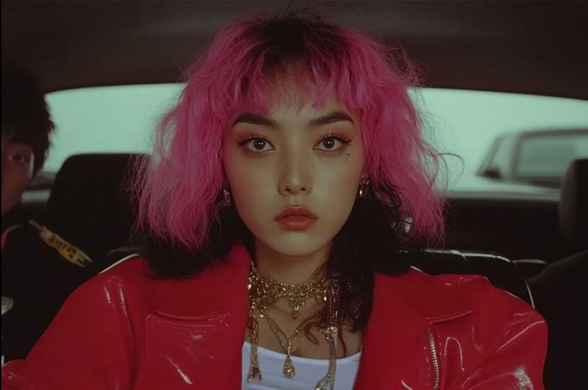 Portrait of TaTa, the first AI-generated pop star signed by Timbaland, sitting in the backseat of a car. She has striking pink and black hair, bold makeup, and wears layered gold jewelry and a red patent leather jacket. TaTa was created using Suno’s AI music platform and launched by Timbaland’s AI entertainment company, Stage Zero, to pioneer a new genre called A-Pop (AI pop). 