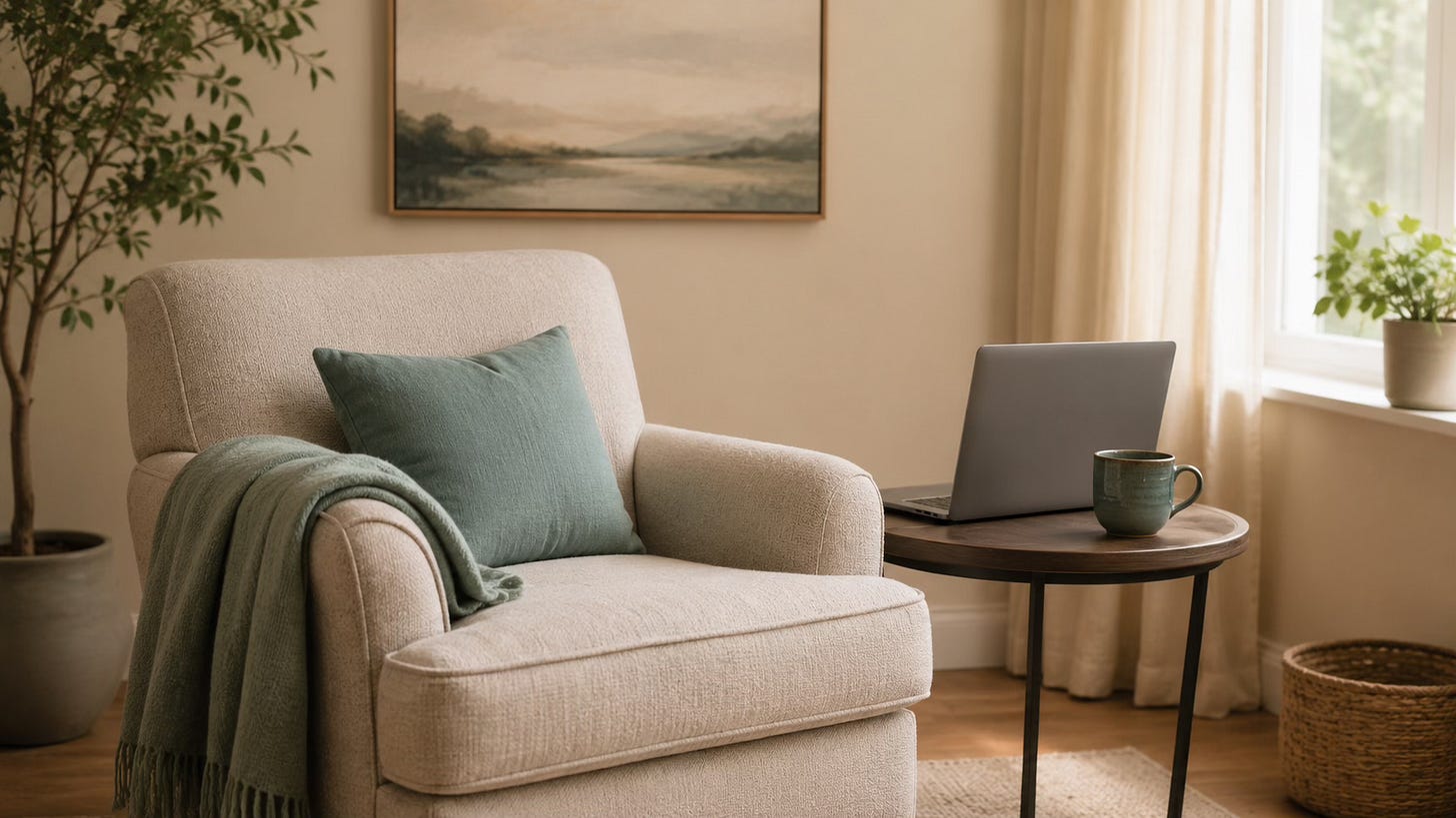 A calm online Clinical EFT setup with a laptop, notebook, cup, and sage blanket beside an armchair.