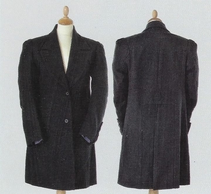 "A traditional man's frock coat is given a twist by cutting the sleeves in two sections," describes Watt. "The lower put in reverse so that the lining [is] revealed."