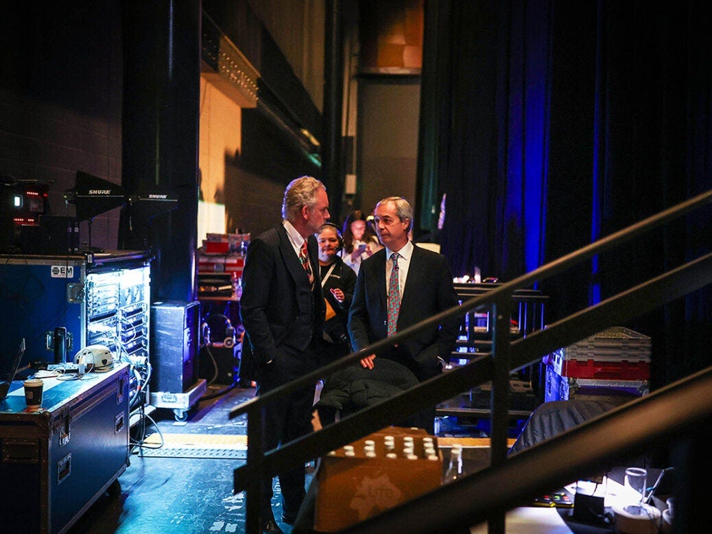 Photo shows Nigel Farage and Jordan Peterson behind the scenes at The Alliance For Responsible Citizenship Conference