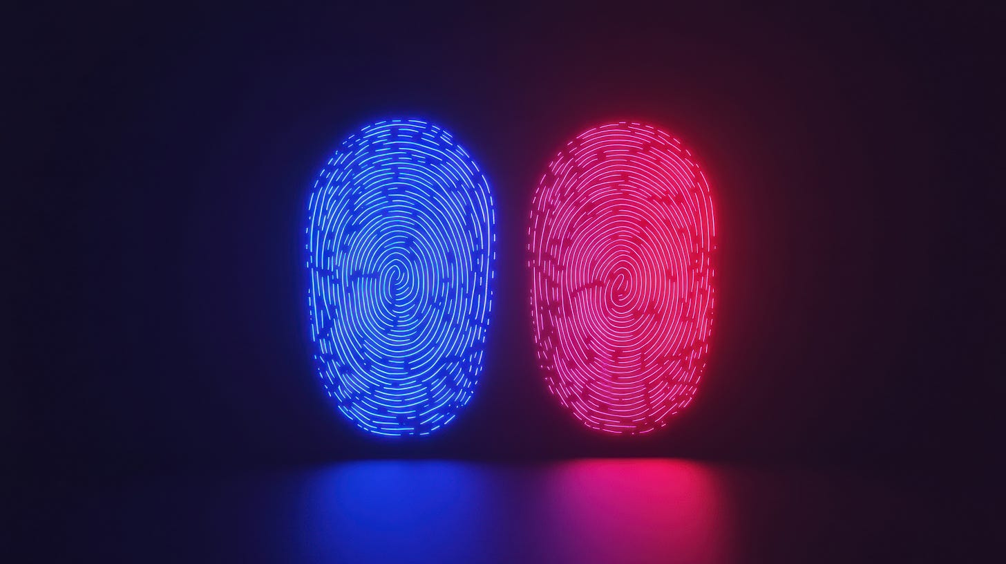 Two fingerprints next to each other on a dark blue background. The fingerprint on the left is neon blue, indicating that is approved and the one on the right which has subtle differences to the blue one is neon pink indicating a problem and not a match. Two fingerprints next to each other on a dark blue background. The fingerprint on the left is neon blue, indicating that is approved and the one on the right which has subtle differences to the blue one is neon pink indicating a problem and not a match.