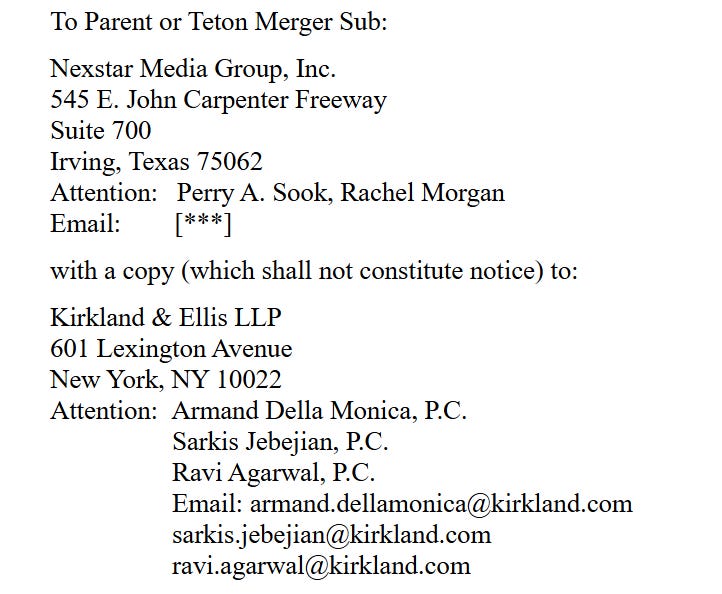 Notice section of merger agreement showing Kirkland represents Nexstar.