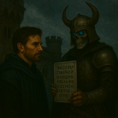 Fleetwood stands tall on the rooftop of Argynvostholt, defying Commander Vladimir Horngaard’s compulsion to kneel. Fleetwood is broad-shouldered and solemn, with angular features half-shadowed by moonlight, dark hair swept back, and deep-set eyes gleaming with quiet intensity. He wears charcoal and navy fabrics with silver filigree accents, his cloak billowing in the cold wind. His posture is resolute, chin lifted, fists clenched at his sides. Before him, Vladimir Horngaard looms in spectral armor, his horned helm casting a long shadow, glowing blue eyes locked on Fleetwood. The unlit Beacon rises behind them, its dragon-shaped brazier cold and silent. The sky is stormy violet, and spectral mist coils around the cracked stone battlements. The atmosphere is tense, mythic, and charged with defiance. Fleetwood stands tall on the rooftop of Argynvostholt, defying Commander Vladimir Horngaard’s compulsion to kneel. Fleetwood is broad-shouldered and solemn, with angular features half-shadowed by moonlight, dark hair swept back, and deep-set eyes gleaming with quiet intensity. He wears charcoal and navy fabrics with silver filigree accents, his cloak billowing in the cold wind. His posture is resolute, chin lifted, fists clenched at his sides. Before him, Vladimir Horngaard looms in spectral armor, his horned helm casting a long shadow, glowing blue eyes locked on Fleetwood. The unlit Beacon rises behind them, its dragon-shaped brazier cold and silent. The sky is stormy violet, and spectral mist coils around the cracked stone battlements. The atmosphere is tense, mythic, and charged with defiance.