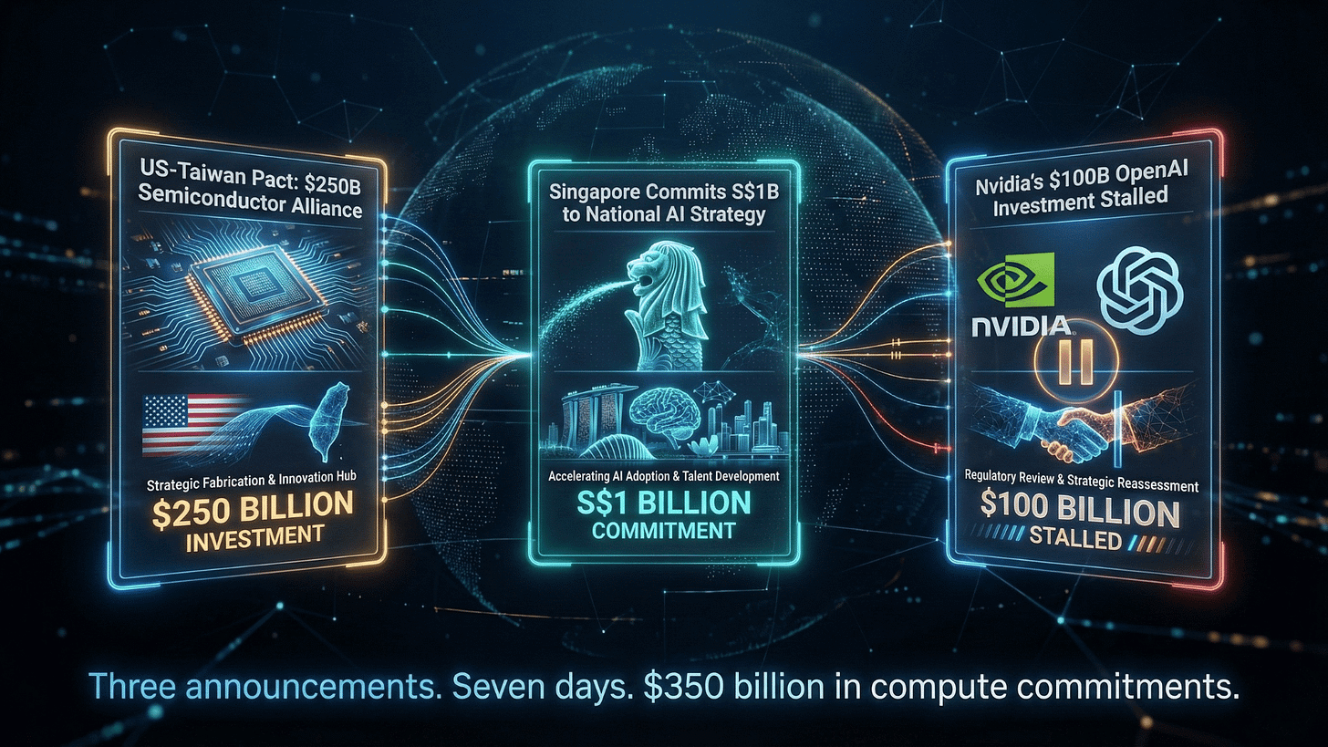 Three holographic panels showing US-Taiwan $250B pact, Singapore S$1B commitment, and Nvidia's stalled $100B OpenAI investment.