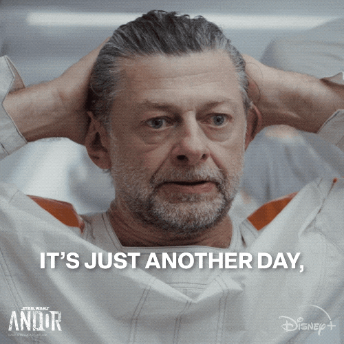 A prisoner who manages the labor camp work shift in Andor saying, "It's just another day, another shift."