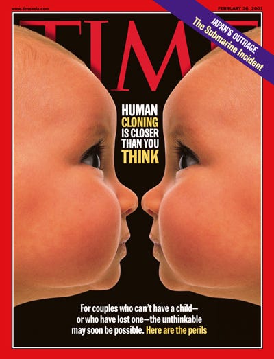 A photo illustration showing a baby looking at itself.