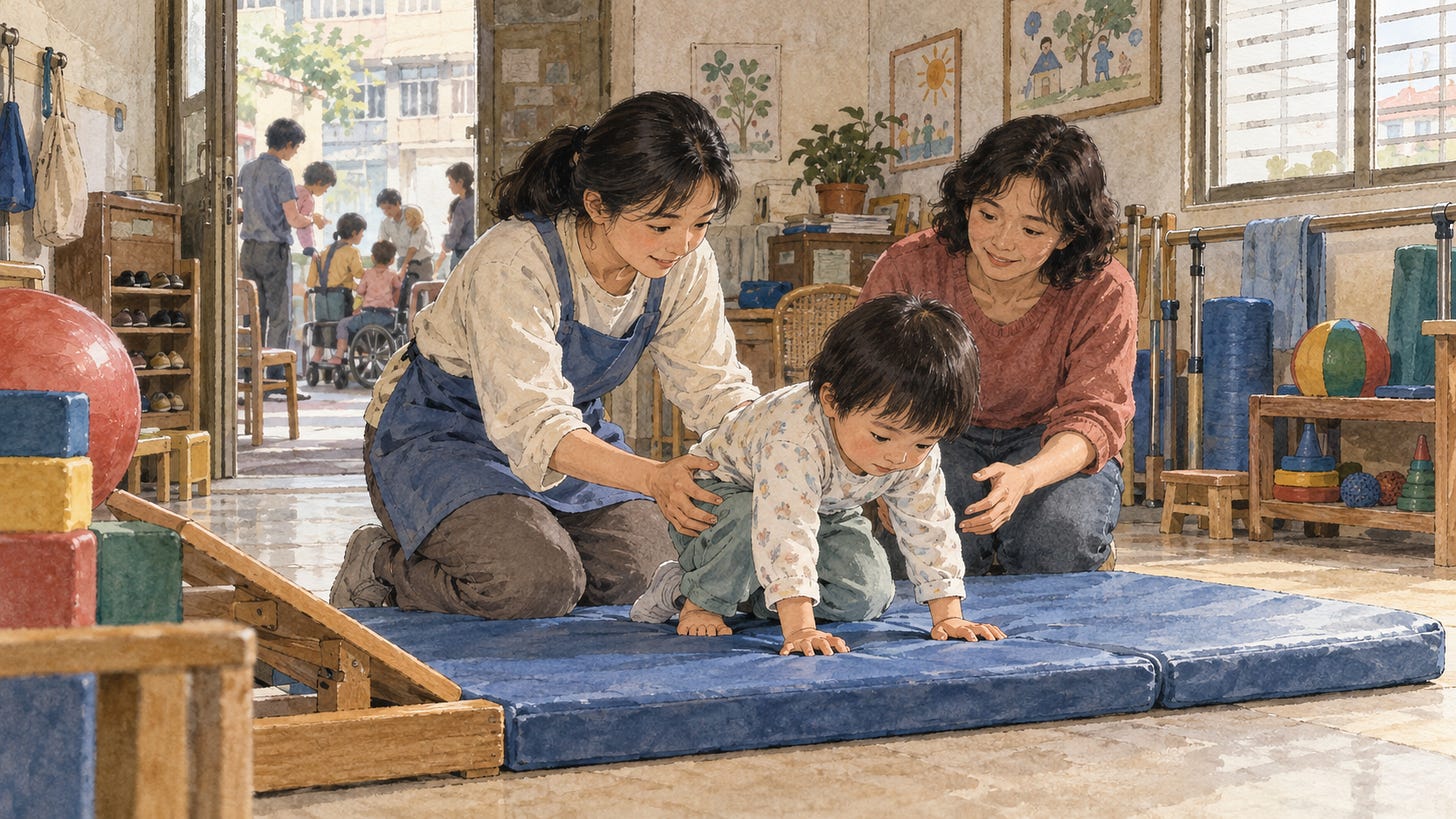 老師與家長陪伴孩子練習日常動作 老師與家長陪伴孩子練習日常動作