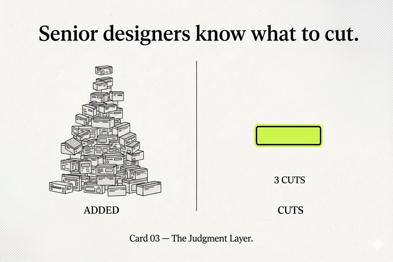Editorial illustration: two columns — a tall overloaded stack of feature blocks labeled “ADDED” on the left; a single minus sign in empty white space labeled “CUT” on the right.