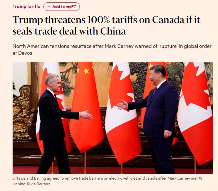 Trump đe dọa đánh thuế quan Canada 100% nếu nước này thật sự bắt tay với Trung Quốc.