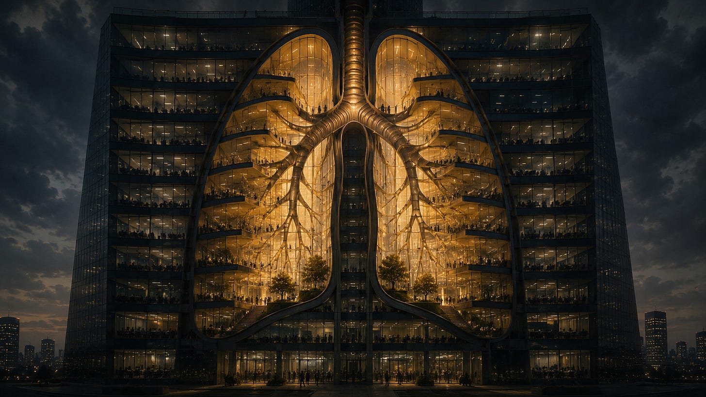 A modern office tower is shown in cross-section as though sliced cleanly in half. Behind its cold glass façade, two vast glowing voids rise through the centre of the building like a pair of lungs, their warm amber light illuminating the surrounding floors. Office workers appear as tiny silhouettes around the edges of each level, while the floors curve organically around the luminous spaces. Outside, the building remains austere and corporate; inside, the glowing central chambers suggest a living organism breathing within the architecture. A modern office tower is shown in cross-section as though sliced cleanly in half. Behind its cold glass façade, two vast glowing voids rise through the centre of the building like a pair of lungs, their warm amber light illuminating the surrounding floors. Office workers appear as tiny silhouettes around the edges of each level, while the floors curve organically around the luminous spaces. Outside, the building remains austere and corporate; inside, the glowing central chambers suggest a living organism breathing within the architecture.