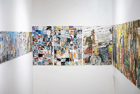Artist and paintings in exhibition
