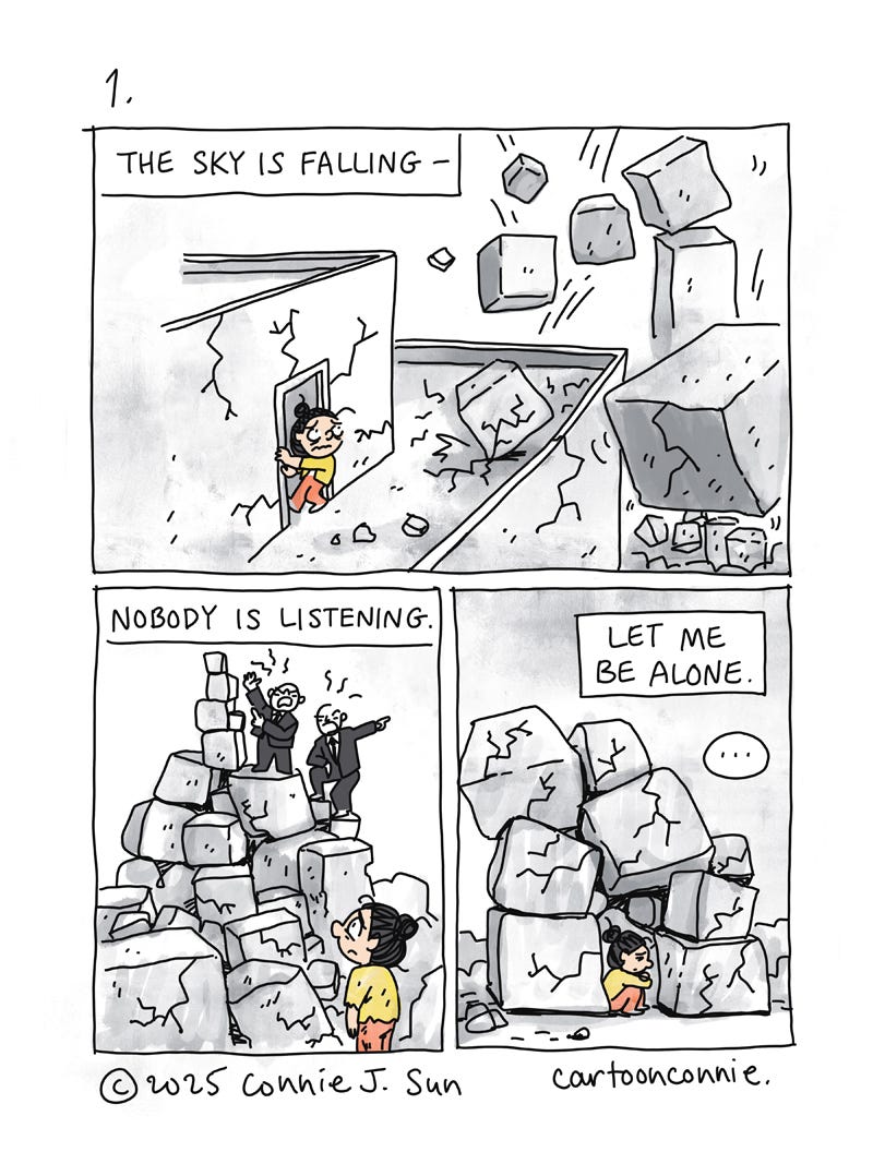 Page 1 of a 3-page series of illustrated haiku comics by Connie Sun, cartoonconnie, 2025. Drawn and lettered by hand, each page contains an original 3-line poem in a haiku format and with accompanying comic strip drawings. The three haikus are sequential and numbered, expressing a sense of finding hope in the paradoxes of life. 