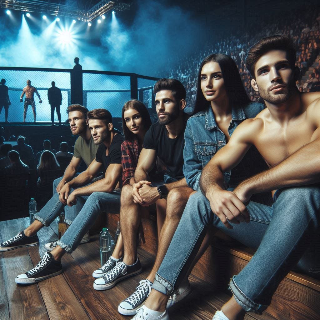 um grupo de amigos num estadio vendo uma luta de MMA