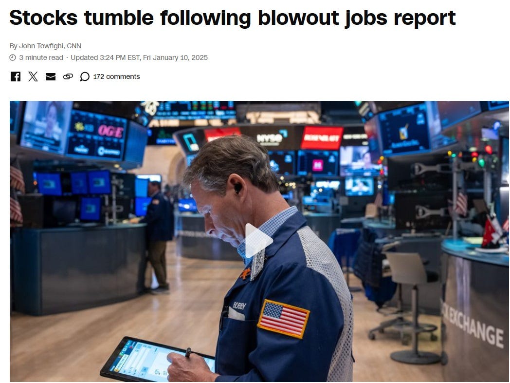 screenshot of a CNN Business story headlined 'Stocks tumble following blowout jobs report.' A thumbnail image for video embedded in the story features a stock trader looking concerned as he stares at a tablet in his hand. He wears a blue trading jacket with a white mesh back, an American flag patch on the sleeve, and the name 'BOBBY' printed on it. I did not know the term 'trading jacket' before just now. screenshot of a CNN Business story headlined 'Stocks tumble following blowout jobs report.' A thumbnail image for video embedded in the story features a stock trader looking concerned as he stares at a tablet in his hand. He wears a blue trading jacket with a white mesh back, an American flag patch on the sleeve, and the name 'BOBBY' printed on it. I did not know the term 'trading jacket' before just now.