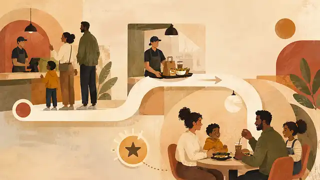 Illustrated quick-service restaurant journey showing a family ordering, collecting food, and eating together