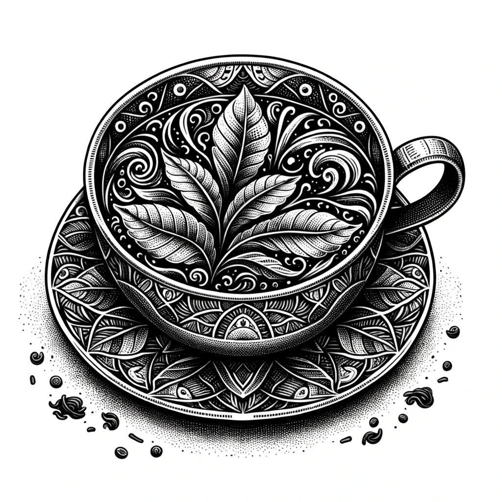 Drawing of a detailed monochrome tea cup, with tea leaves forming a unique pattern, ready to be interpreted by a fortune teller.