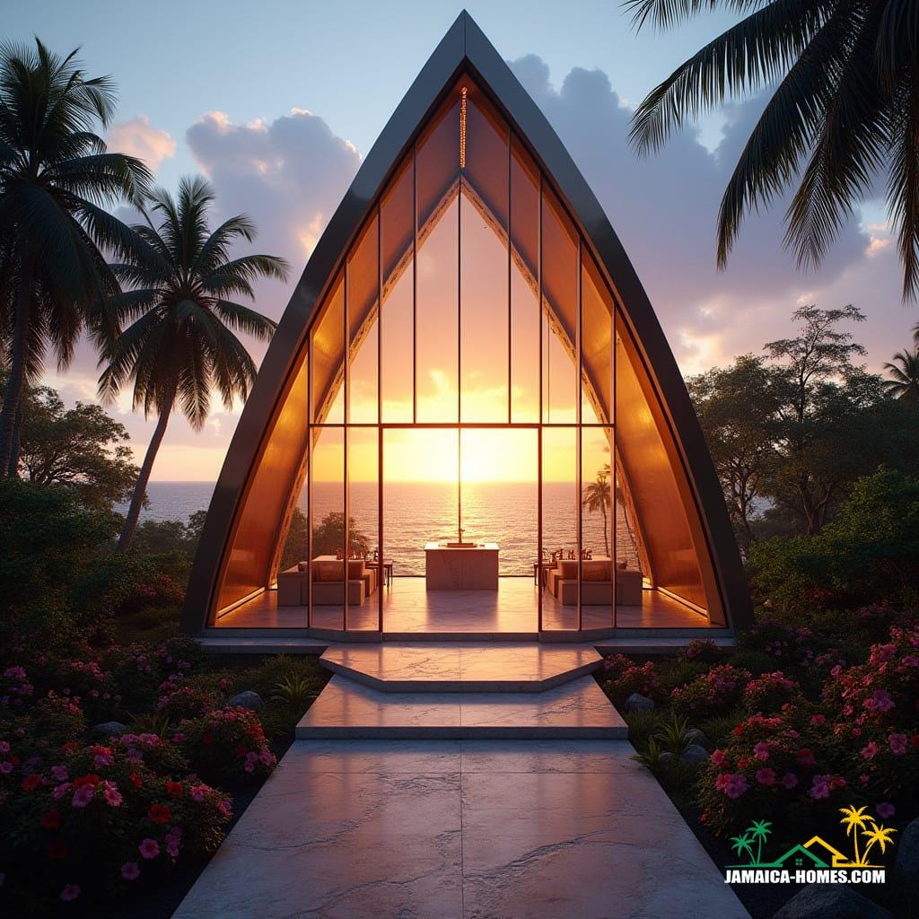 A spectacular glass-walled chapel in Negril, perched above the cliffs where the ocean meets the sky. The design captures the famous Negril sunset through massive panes of tinted amber and violet glass, turning the sanctuary into a glowing jewel at dusk. Sleek steel beams curve like waves, framing the altar with a view of the endless horizon. Surrounded by lush tropical gardens with vibrant hibiscus and bougainvillea. Dreamlike, ultra-modern, heavenly atmosphere. Cinematic film still, shot on v-raptor XL, film grain, vignette, warm color grading, soft post-processing, volumetric cinematic lighting, 35mm film, live-action, best quality, atmospheric, a masterpiece, epic, stunning details, dramatic contrast.