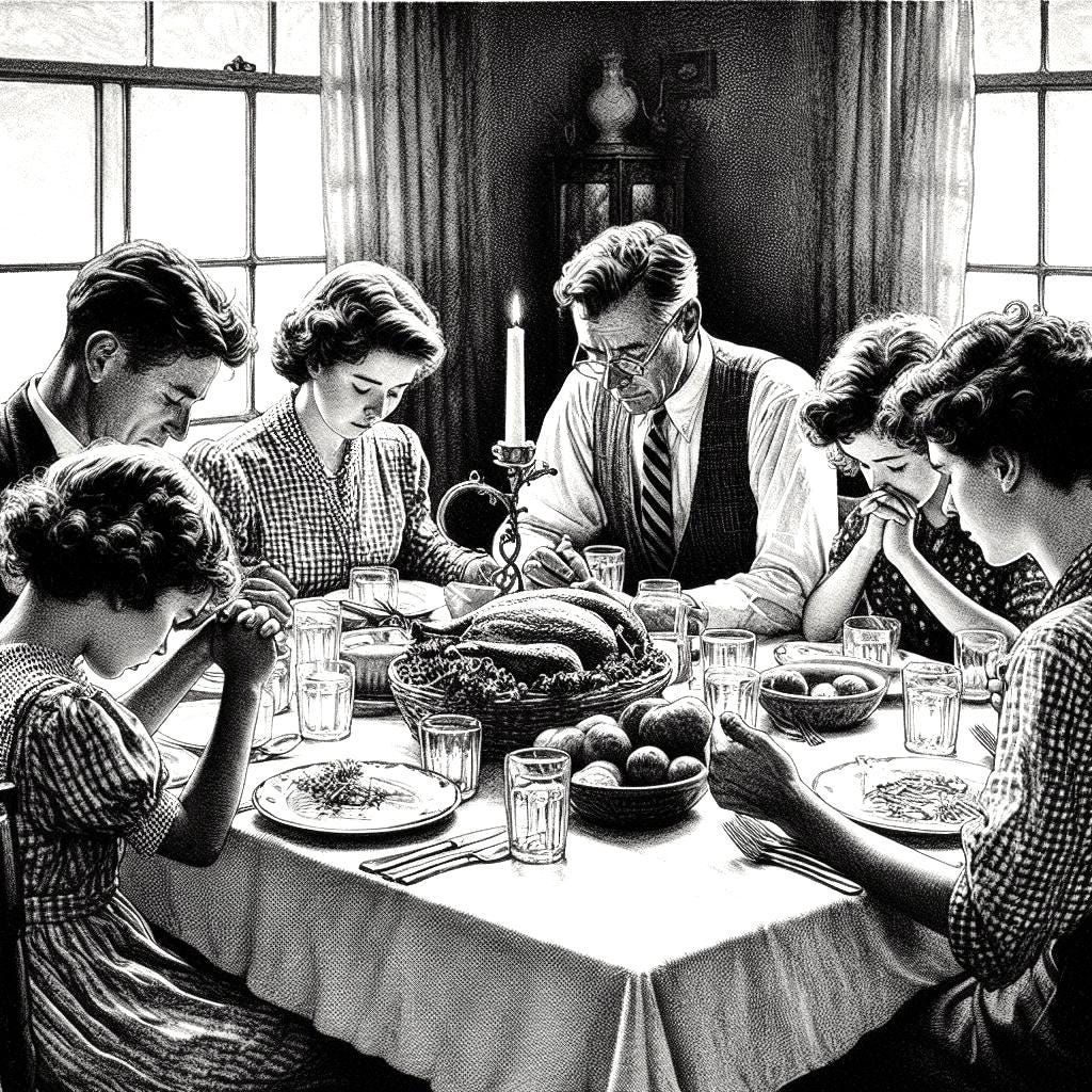 Drawing of family at the dinner table in prayer