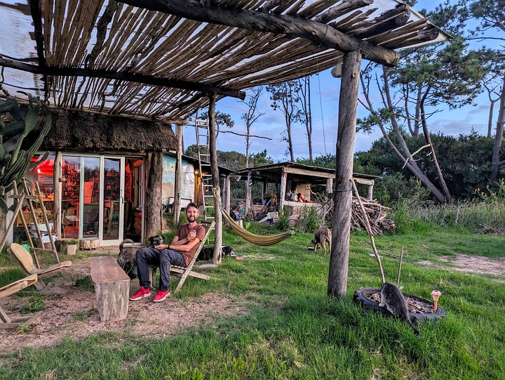 A cat lady stands outside her haunted house wearing £5 trousers purchased in desperation for the air conditioned Argentinian buses (left); A city man enjoys a hard-earned beer with his animal friends after surviving another day in the countryside (right).