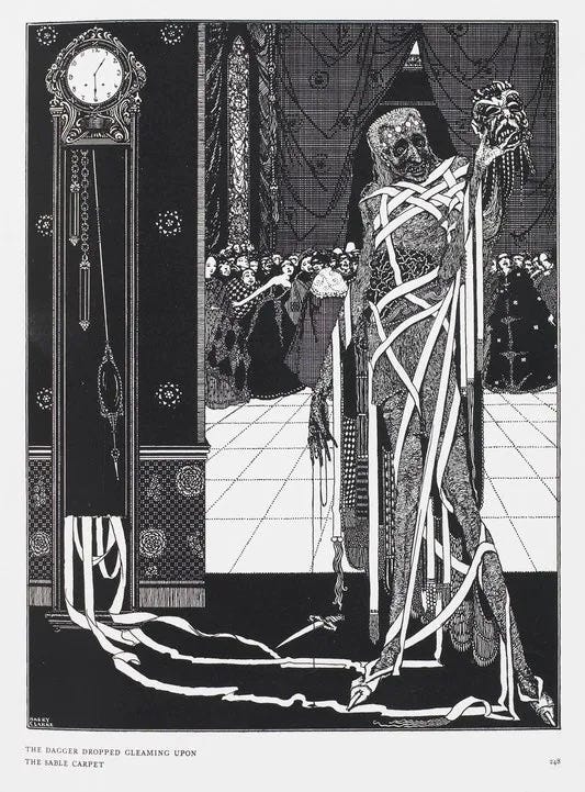 Black and white illustration of a grandfather clock at a masquerade with an especially frightening guest.