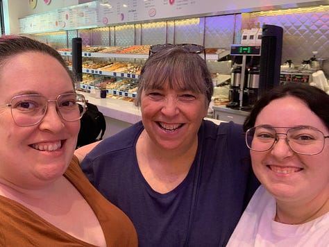 Aliyah with her parents; a group of friends wearing matching board game T-shirts posing outside; Aliyah, her aunt and her sister pose for a selfie in front of a display of donuts