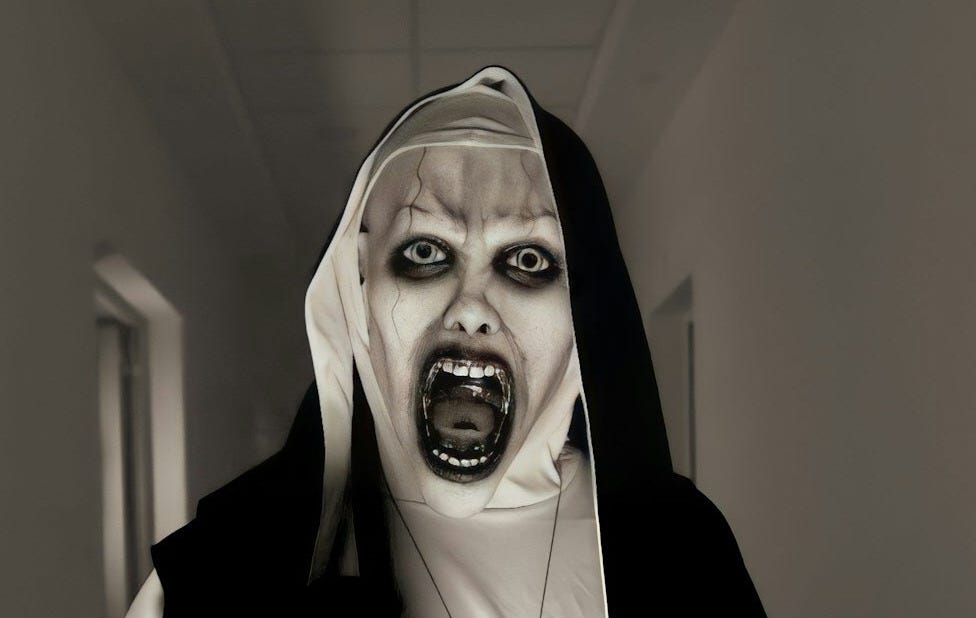 a nun holding a cat in a hallway