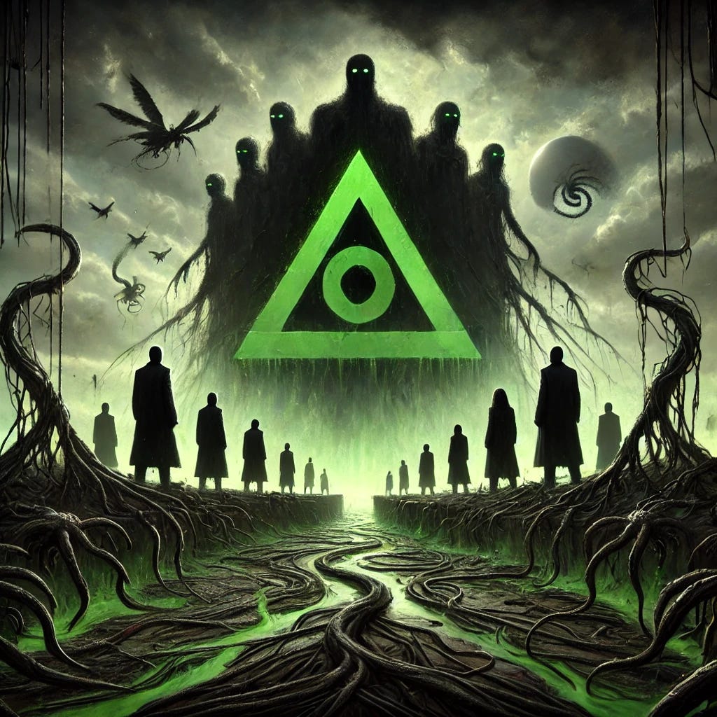 A symbolic image of the Australian Greens political party depicted as overseeing a pestilence. In a dark, eerie landscape, shadowy figures representing the party stand on an elevated position, with ominous green fog and swirling dark clouds extending across a desolate landscape below. The Australian Greens' triangular logo is subtly integrated, perhaps in the sky or on a distant structure, while twisted roots or vines spread from the figures, symbolizing influence reaching across the scene. The atmosphere is surreal and foreboding, with moody lighting and intricate, chaotic patterns evoking pestilence and decay.