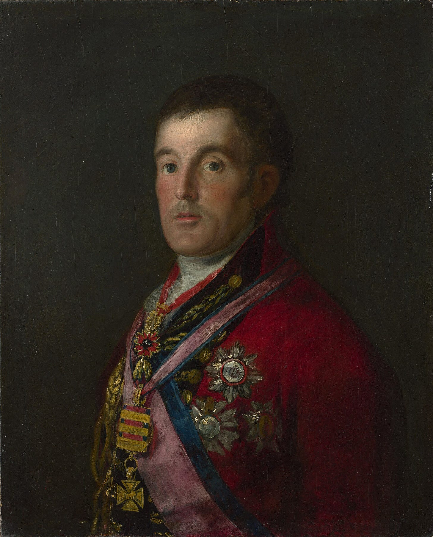 A half-length portrait of the Duke of Wellington with orders, sashes and medals across his chest, painted in quick strokes over a brown ground.